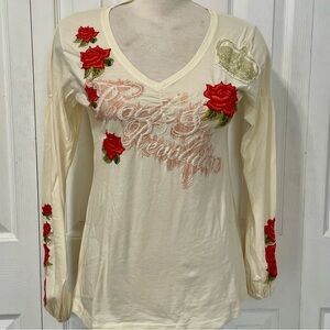 Johnny Was Cream Long Sleeve with Red Floral Embroidery